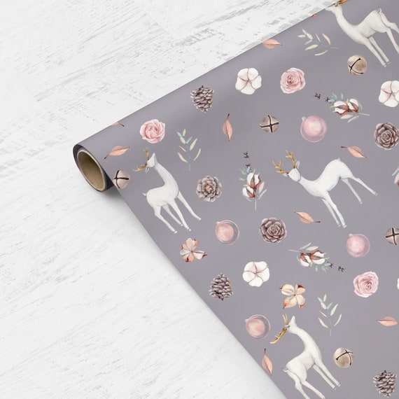 CLEARANCE Imperfect Holiday Gift Wrap Wrapping Paper Roll Reindeer Gift Wrap  Roll Grey Rustic Reindeer Floral Gift Wrap 