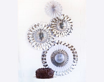 Foil Paper Fan Set Chrome Silver Hanging Party Decoration Trendy Modern Wedding Engagement Birthday Corporate Graduation Pinwheels