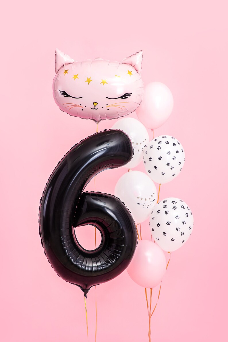 May include: A cluster of birthday balloons in pink, white, and black. The display features a large black number six balloon, a pink cat-shaped balloon, and round balloons with paw prints and star patterns. A festive party decoration.