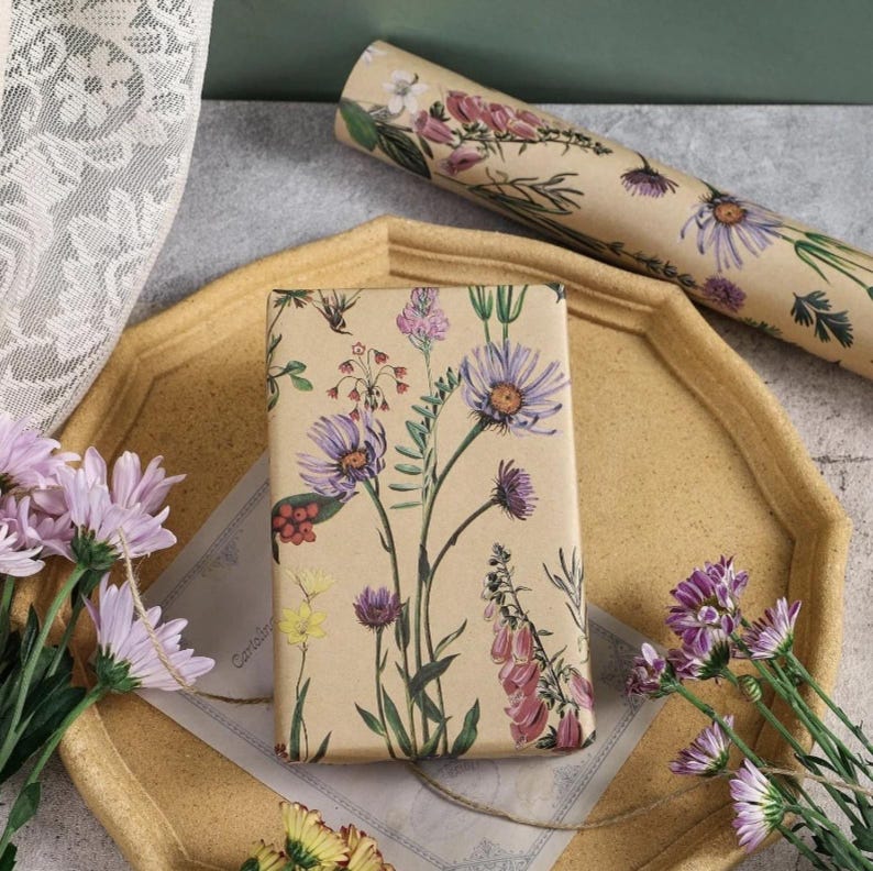 Botanical Wrapping Paper Roll Vintage Floral Gift Wrap Wildflower Kraft ...