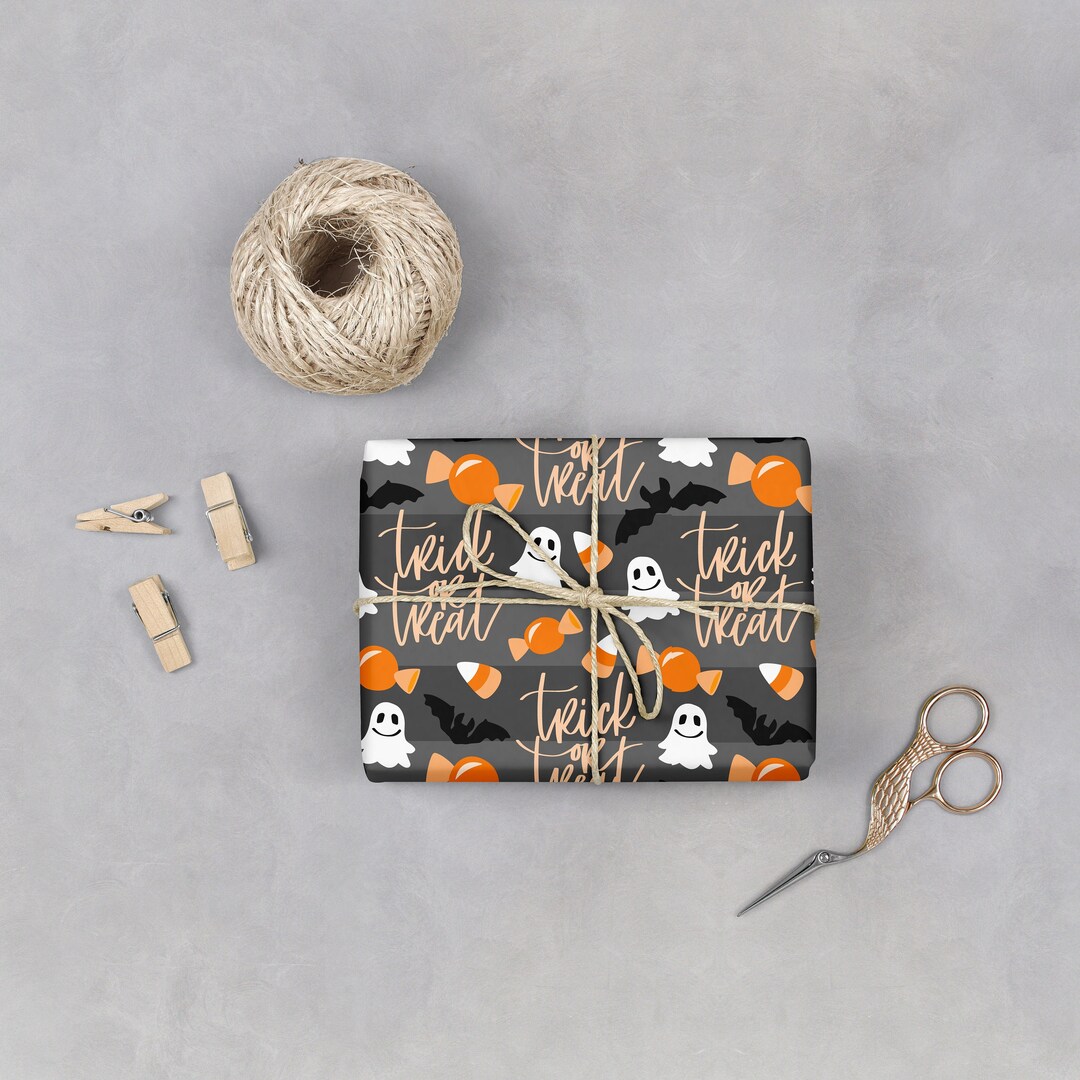 Halloween Gift Wrapping Paper Trick or Treat Cute Ghost Orange Candies