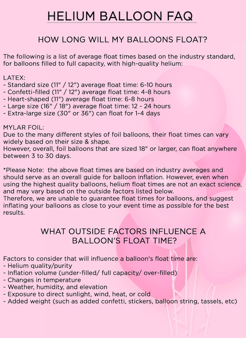 May include: A pink infographic titled "HELIUM BALLOON FAQ" provides information on balloon float times. It lists average float times for latex and mylar foil balloons, and factors affecting float time, such as helium quality and temperature.