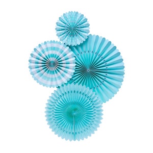 Aqua Blue Paper Fan Set Light Bright Patterned Rosettes Large Wall Ornaments Birthday Baby Shower Pinwheel Photo Backdrop