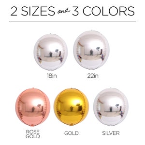 Może przedstawiać: Trzy okrągłe, metaliczne balony w kolorze r&oacute;żowego złota, złota i srebra. Balony są dostępne w dw&oacute;ch rozmiarach: 46 cm i 56 cm.