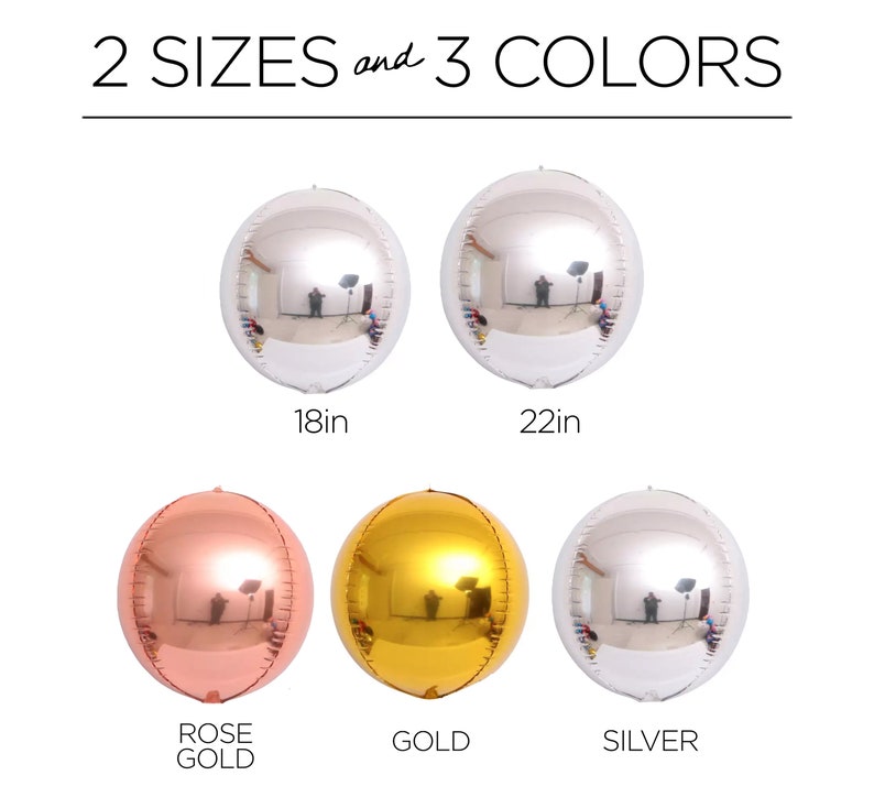 Może przedstawiać: Trzy okrągłe, metaliczne balony w kolorze r&oacute;żowego złota, złota i srebra. Balony są dostępne w dw&oacute;ch rozmiarach: 46 cm i 56 cm.