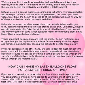May include: Informational graphic with the title "HELIUM BALLOON FAQ". The text explains why helium-filled latex balloons deflate faster than Mylar foil balloons, and how to extend float time. Includes helpful tips.