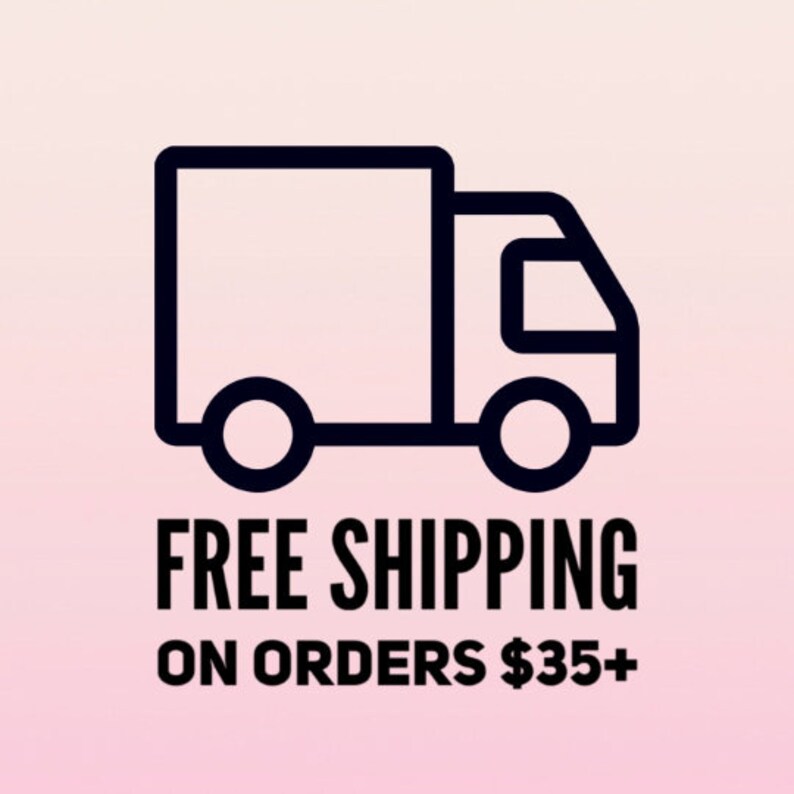 May include: A black line art icon of a delivery truck centered above the bold black text that reads FREE SHIPPING ON ORDERS $35+. The graphic is set against a soft, light pink gradient background that fades from a lighter top to a darker bottom.