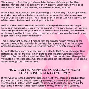 May include: A pink and white graphic with the text "HELIUM BALLOON FAQ" in a large, bold font. The text explains why helium-filled latex balloons deflate more quickly than air-filled latex and mylar foil balloons. The graphic also includes tips on how to make latex balloons float for a longer period of time.