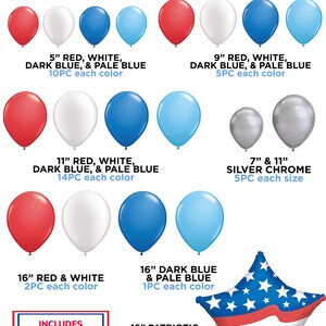 K&ouml;nnte beinhalten: Ein 3 Meter langes Girlanden-Set f&uuml;r eine patriotische Party. Das Set enth&auml;lt rote, wei&szlig;e, dunkelblaue und hellblaue Ballons in verschiedenen Gr&ouml;&szlig;en, silberne Chromballons, einen sternf&ouml;rmigen Folienballon, durchsichtige Schnur, Ballonband, Klebepunkte, eine Handpumpe f&uuml;r Ballons und ein Werkzeug zum Binden von Ballons. Das Set enth&auml;lt auch Schritt-f&uuml;r-Schritt-Anleitungen.