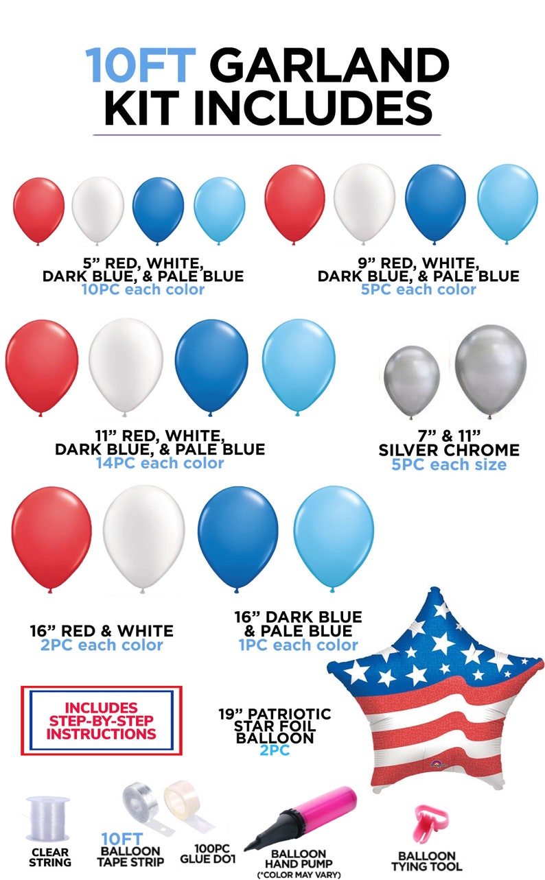 K&ouml;nnte beinhalten: Ein 3 Meter langes Girlanden-Set f&uuml;r eine patriotische Party. Das Set enth&auml;lt rote, wei&szlig;e, dunkelblaue und hellblaue Ballons in verschiedenen Gr&ouml;&szlig;en, silberne Chromballons, einen sternf&ouml;rmigen Folienballon, durchsichtige Schnur, Ballonband, Klebepunkte, eine Handpumpe f&uuml;r Ballons und ein Werkzeug zum Binden von Ballons. Das Set enth&auml;lt auch Schritt-f&uuml;r-Schritt-Anleitungen.