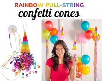 May include: Rainbow confetti cones with pull strings. The cones are decorated with colorful stripes and fringe. The cones are filled with colorful confetti streamers.