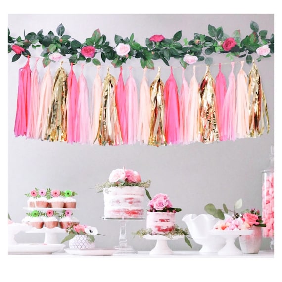 Pink Gold Tassel Garland Pink Hanging Bridal Shower Decor Party Banner Tissue Tassel Garland Photo Backdrop Baby Shower Decorations Il_570xn