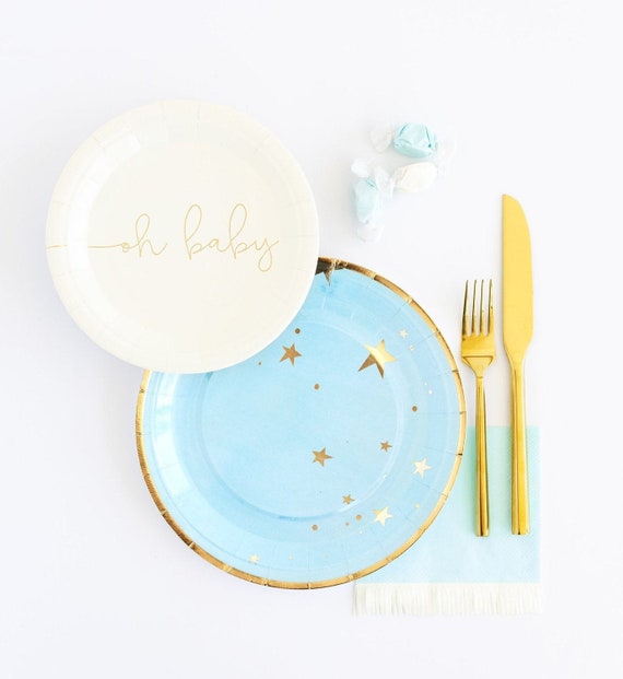 Over the Moon Baby Shower Plates, Gold Stars Baby Shower Paper Plates, It's a Boy Baby Shower, Baby Shower Tableware, Twinkle Twinkle Shower Il_570xn