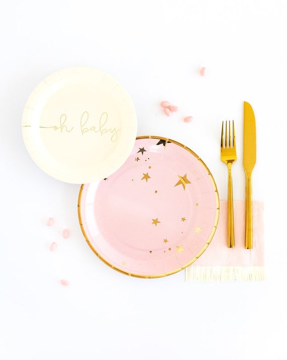 Pink Star Paper Plates Set Elegant Golden Food Serving Baby Bridal Shower Birthday Decoration Party Supply Twinkle Disposable Tableware Il_570xn