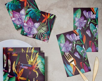 Papieren servetten met bloemenprint, donkerpaars, veelkleurige bloemenprint, exotisch, tropisch, geschikt voor drankjes, lunch, gasten, zwembad, strand, lente, verjaardag, bruiloft
