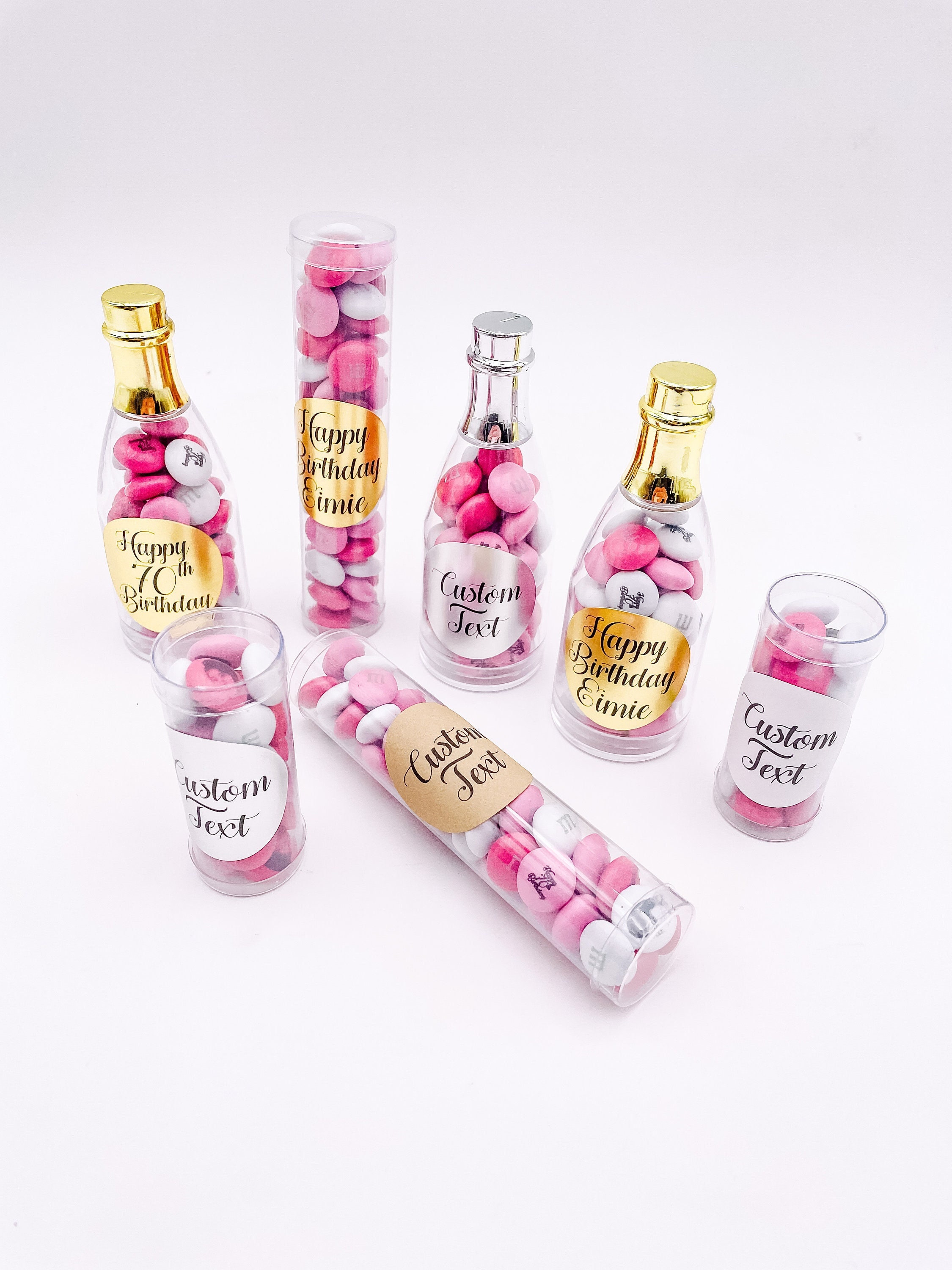 Favor Container mit CUSTOM LABEL Name Datum Durchsichtige Kunststoff Tube Champagner Flasche Container Hochzeit Braut Babyparty Verlobung Geburtstag