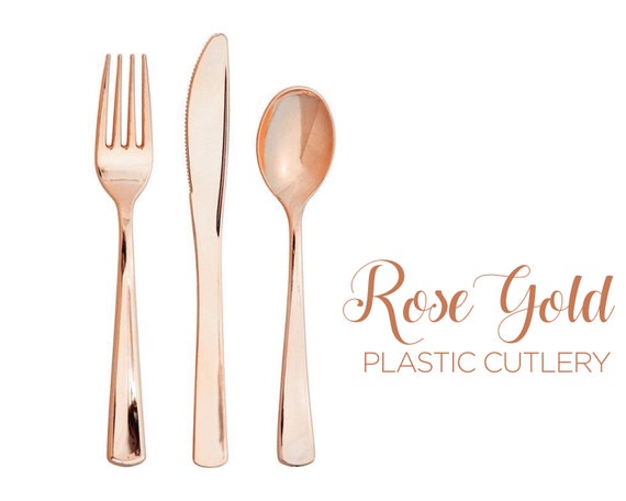 Rose Gold Cutlery Set Stylish Plastic Silverware Fork Spoon Knives