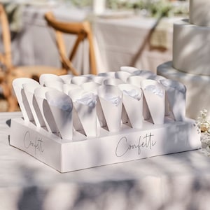 TOSS CONFETTI SET in White Tray Stand Paper Cones Bio Confetti for Guests Wedding Send Off Just Married Engagement Party Supply