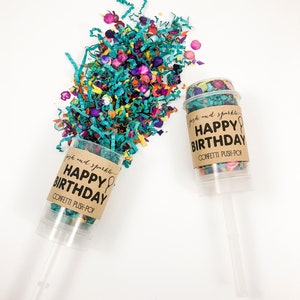 Op de afbeelding: Twee confetti push-pops met bruine labels waarop staat "josh and sparkle HAPPY BIRTHDAY CONFETTI PUSH-POP". Een push-pop ligt op zijn zij met confetti die eruit valt. De confetti is turquoise, groen, geel, oranje, roze en paars.