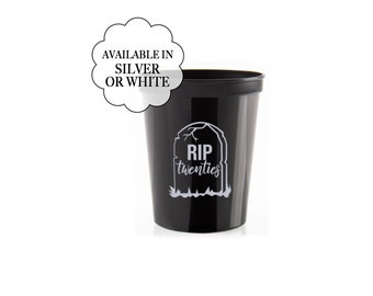 CLEARANCE - Imperfect RIP Twenties Cups Birthday Black Plastic Cup Disposable Drinkware Rest in Peace 20s 30th Birthday Decor Party Supply
