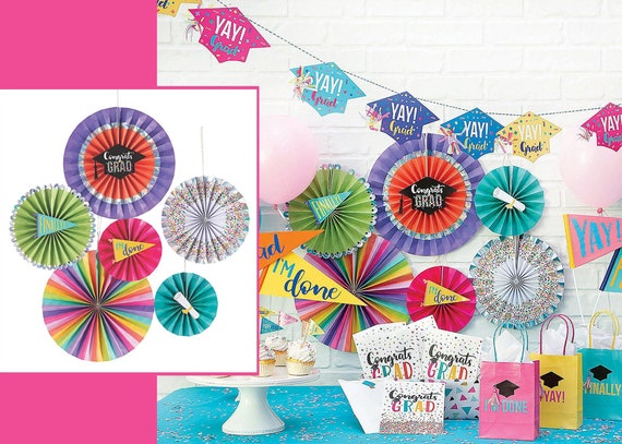 Graduation Party Decoration Congrats Grad It’s Done Colorful Paper Fan Set Backdrop Hanging Wall Ceiling Ornament Class 2021 Rosettes Il_570xn