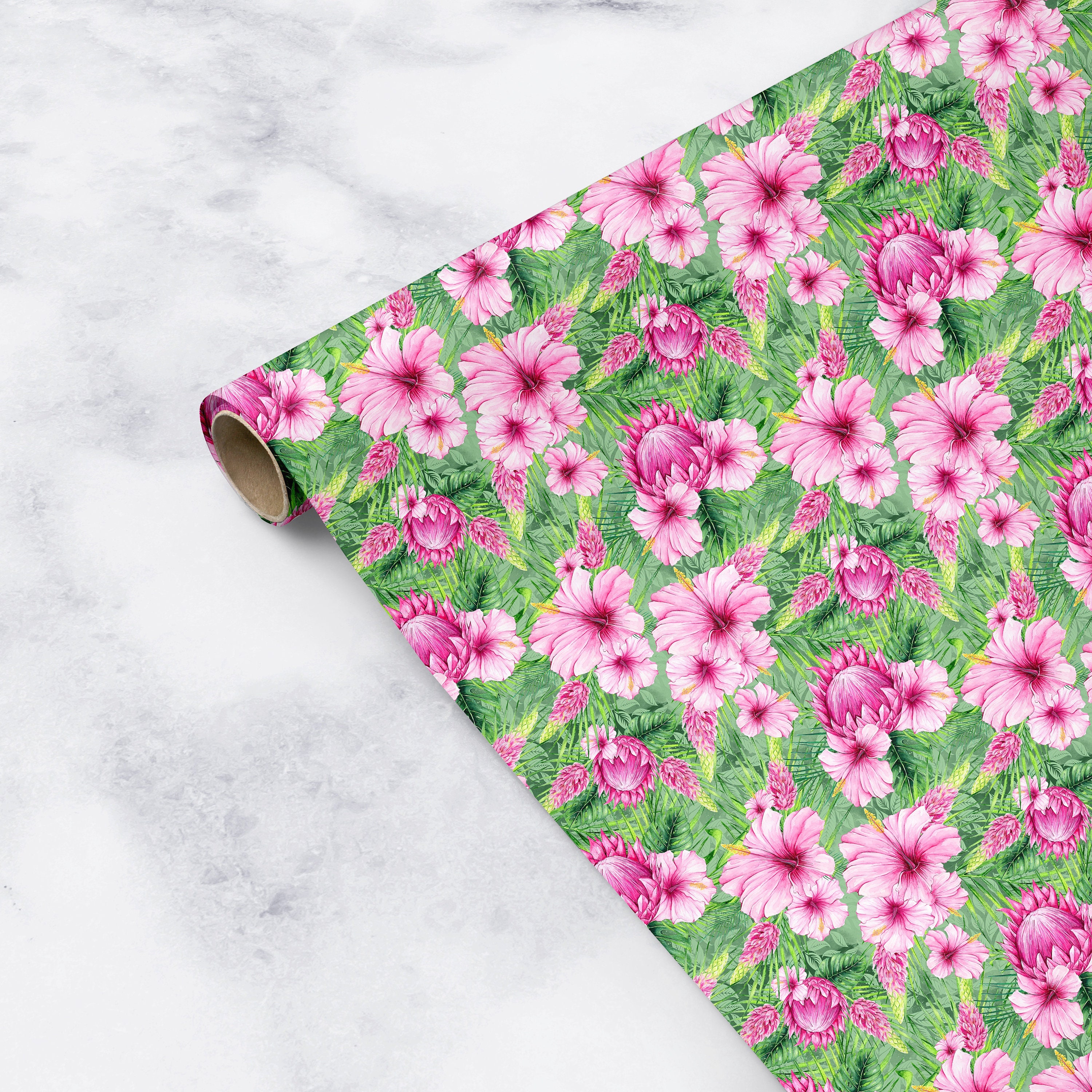 Tropical Flowers Wrapping Paper Pink Green Gift Wrapping Paper Etsy