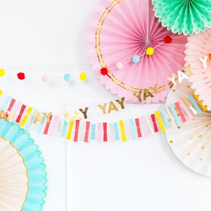 Colorful Paper Fan Set and Banners YAY Pom Pom Bunting Rainbow Fiesta Pinwheels Large Backdrop Kids Birthday Baby Shower Decoration image 3