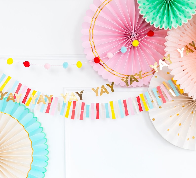 Colorful Paper Fan Set and Banners YAY Pom Pom Bunting Rainbow Fiesta Pinwheels Large Backdrop Kids Birthday Baby Shower Decoration image 3