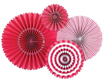 Summer Paper Fan Set 4 White Red Hanging Ceiling Wall Rosettes Vibrant Cheerful Fiesta Birthday Beach Pool Party Decoration