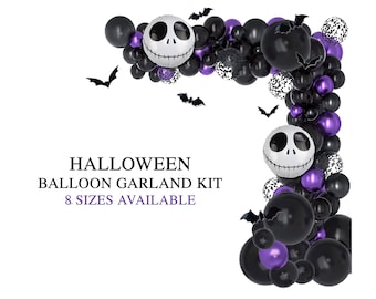 Puede incluir: Kit de guirnalda de globos de Halloween con globos negros, morados y blancos. Incluye globos con la cara de Jack Skellington y recortes de murciélagos. El texto dice "HALLOWEEN BALLOON GARLAND KIT" y "8 TAMAÑOS DISPONIBLES".