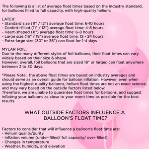 May include: A pink and white graphic with the text "HELIUM BALLOON FAQ" and "HOW LONG WILL MY BALLOONS FLOAT?"  The graphic lists average float times for latex and mylar balloons based on size and type. It also lists factors that influence a balloon's float time, such as helium quality, inflation volume, temperature, and added weight.