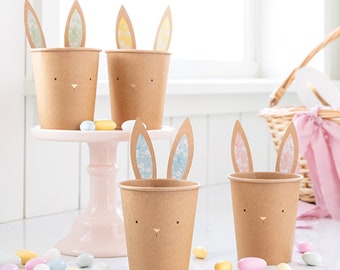 Craft Paper Cups with Bunny Ears for Easter Tableware Egg Hunt Minimal Rustic Rabbit Beverage Juice Drinkware for Kids Party Supply