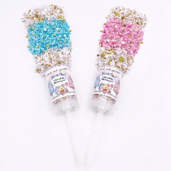 He or She Gender Reveal Confetti Poppers, Winnie the Pooh Gender Reveal Push Pops, Winnie the Pooh Confetti Push Pops Gender Reveal Party Il_570xn