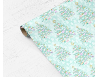 CHRISTMAS GIFT WRAP with Xmas Tree Design Traditional Classic Greenery Winter Present Packaging Holiday Wrapper Paper Party Supply