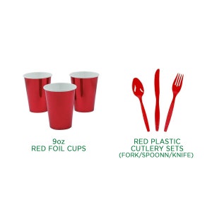 May include: Three red foil cups, each holding 9oz, are displayed next to a red plastic cutlery set, including a fork, spoon, and knife. The text reads "RED FOIL CUPS" and "RED PLASTIC CUTLERY SETS".