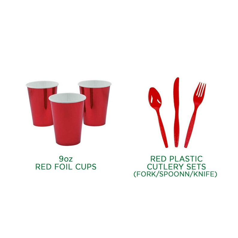 May include: Three red foil cups, each holding 9oz, are displayed next to a red plastic cutlery set, including a fork, spoon, and knife. The text reads "RED FOIL CUPS" and "RED PLASTIC CUTLERY SETS".