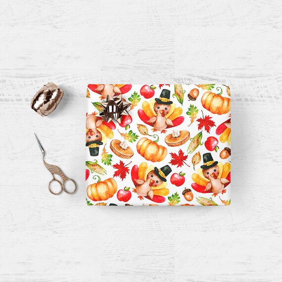 THANKSGIVING GIFT WRAP with Whimsical Design Pumpkin Turkey Warm Cozy Seasonal Holiday Present Packaging Wrapper Party Supply