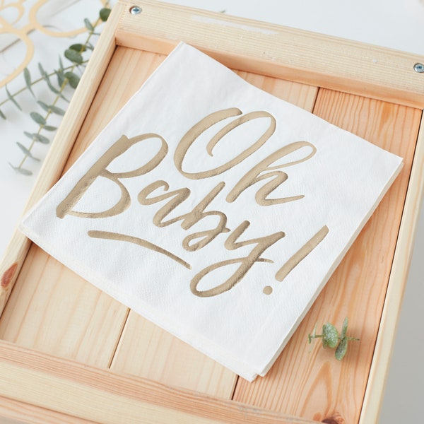 Baby Shower Napkins OH BABY White with Gold Foil Modern Trendy Neutral Gender Reveal Pregnancy Announcement Party Supply