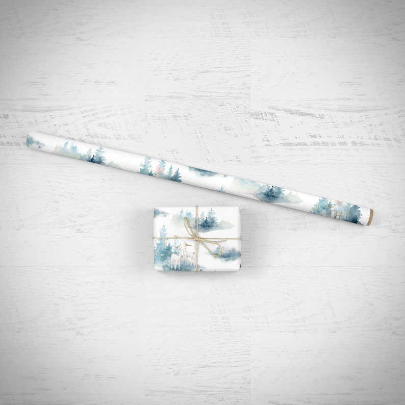 Woodland Gift Wrapping Paper Watercolor Winter Forest Reindeer Christmas Festive Artistic Present Packaging Sheet Roll Holiday Wrapper Bild 5
