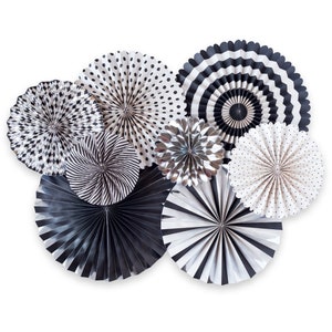 New Year Eve Decoration Paper Rosettes Black White Silver Pinwheel Paper Fan Hanging Wall Ceiling Backdrop NYE 2023 Classy Party Supply