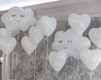 CLOUD and HEARTS BALLOON Bundle in Minimal White Gender Neutral Baby Shower Newborn Welcoming Kids Birthday Over The Moon Twinkle Star Party