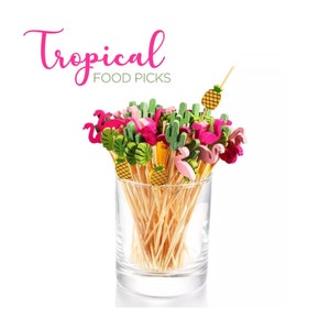 Tropical Food Picks Flamingo Pineapple Cactus Cocktail Wooden Sticks Aloha Luau Beach Party Cake Topper Flamingle Bridal Shower Bachelorette