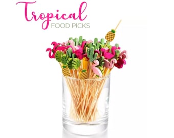 Tropical Food Picks Flamingo Pineapple Cactus Cocktail Wooden Sticks Aloha Luau Beach Party Cake Topper Flamingle Bridal Shower Bachelorette