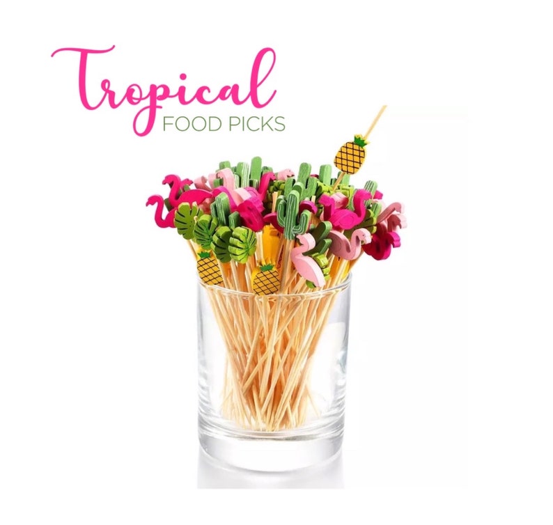 Tropical Food Picks Flamingo Pineapple Cactus Cocktail Wooden Sticks Aloha Luau Beach Party Cake Topper Flamingle Bridal Shower Bachelorette image 1