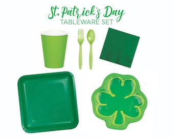 Green Tableware Set for ST. PATRICK’S DAY Party Lucky Clover Shamrock Plates Napkins Cups Dinner Kit Shenanigans Irish Themed Dinnerware