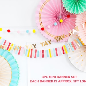Colorful Paper Fan Set and Banners YAY Pom Pom Bunting Rainbow Fiesta Pinwheels Large Backdrop Kids Birthday Baby Shower Decoration image 5