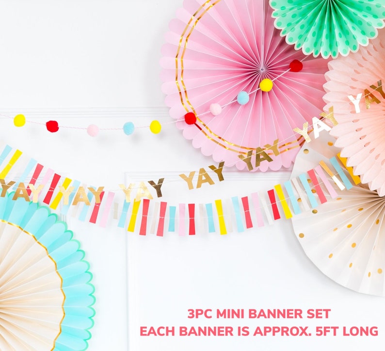 Colorful Paper Fan Set and Banners YAY Pom Pom Bunting Rainbow Fiesta Pinwheels Large Backdrop Kids Birthday Baby Shower Decoration image 5