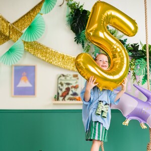 Pu&ograve; includere: Un bambino tiene un grande palloncino dorato a forma di numero cinque davanti al viso. Il palloncino &egrave; parzialmente gonfiato e ha una finitura lucida. Il bambino indossa una camicia blu e pantaloncini verdi. Sullo sfondo ci sono piante verdi e decorazioni.