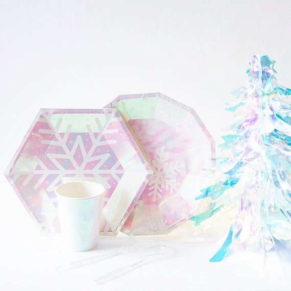 Snowflake Party Christmas Tableware Frosted Frozen Winter Magic Plates Cups Iridescent Holographic Festive Girly Dinnerware Party Supply Il_570xn