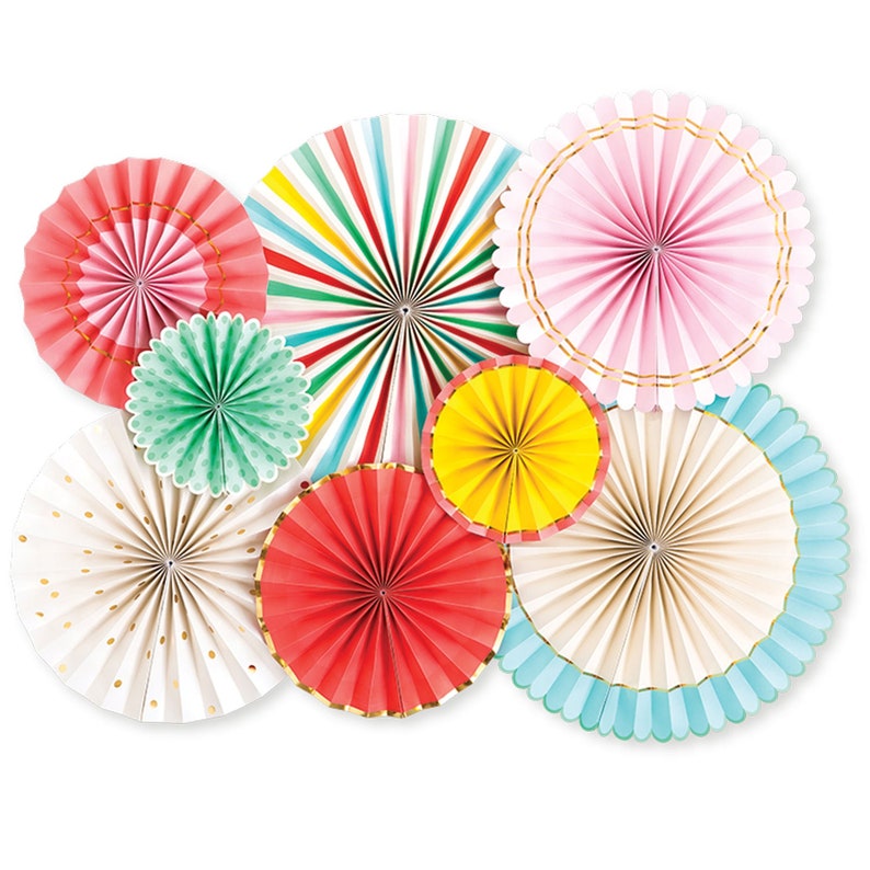 Colorful Paper Fan Set and Banners YAY Pom Pom Bunting Rainbow Fiesta Pinwheels Large Backdrop Kids Birthday Baby Shower Decoration image 7